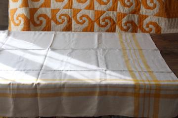 catalog photo of vintage pure linen tablecloth for french country style farmhouse kitchen, mustard gold border