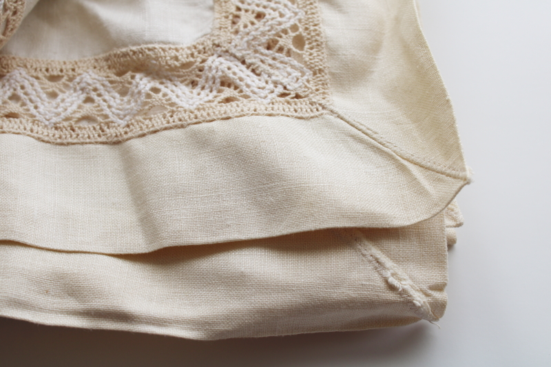 photo of vintage pure linen tablecloth natural ivory color w/ flax border, wide lace insertion  #2
