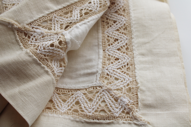photo of vintage pure linen tablecloth natural ivory color w/ flax border, wide lace insertion  #3