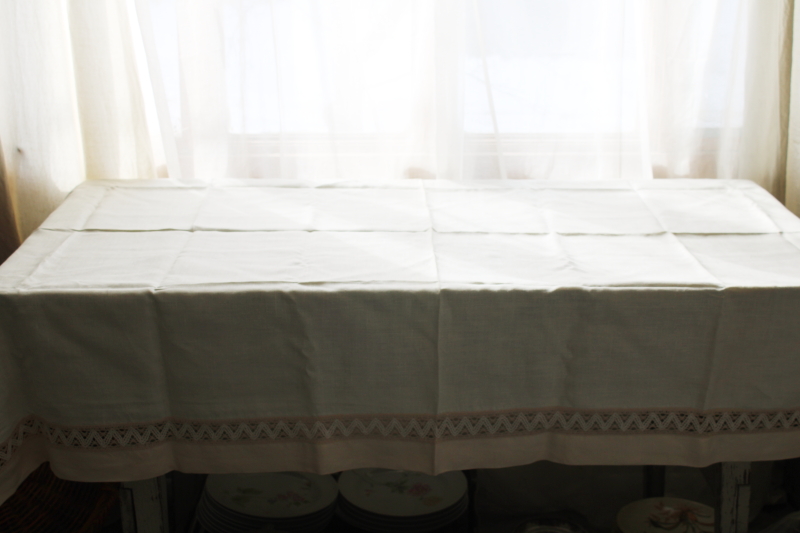 photo of vintage pure linen tablecloth natural ivory color w/ flax border, wide lace insertion  #4