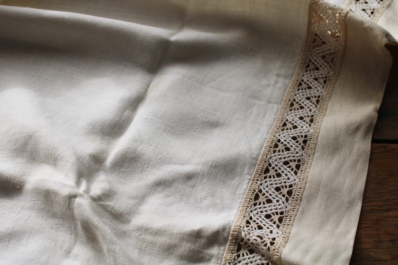 photo of vintage pure linen tablecloth natural ivory color w/ flax border, wide lace insertion  #5