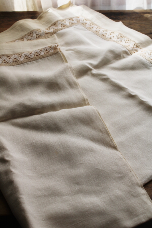 photo of vintage pure linen tablecloth natural ivory color w/ flax border, wide lace insertion  #7