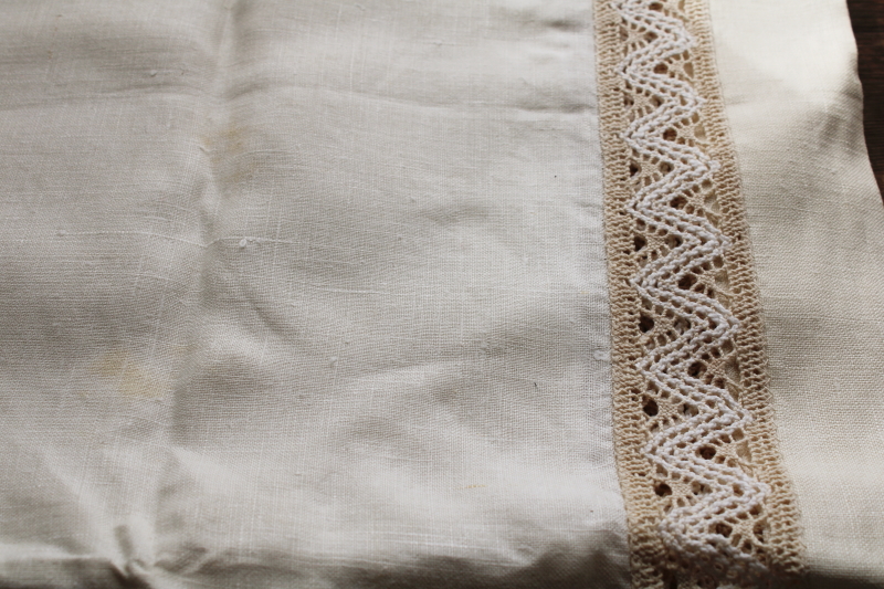photo of vintage pure linen tablecloth natural ivory color w/ flax border, wide lace insertion  #8