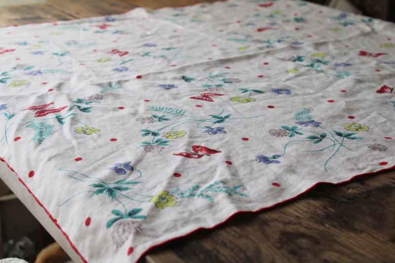 photo of vintage pure linen tablecloth, small kitchen table cloth flowers print clovers buttercups #2