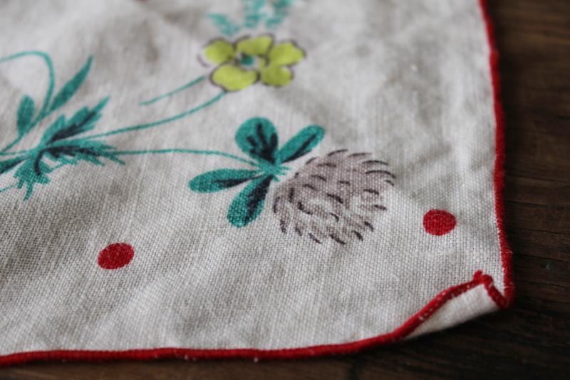 photo of vintage pure linen tablecloth, small kitchen table cloth flowers print clovers buttercups #3