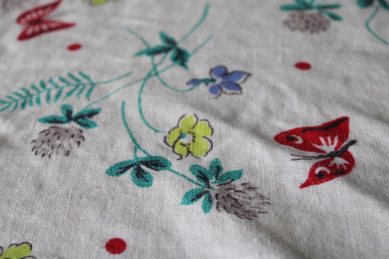 photo of vintage pure linen tablecloth, small kitchen table cloth flowers print clovers buttercups #4