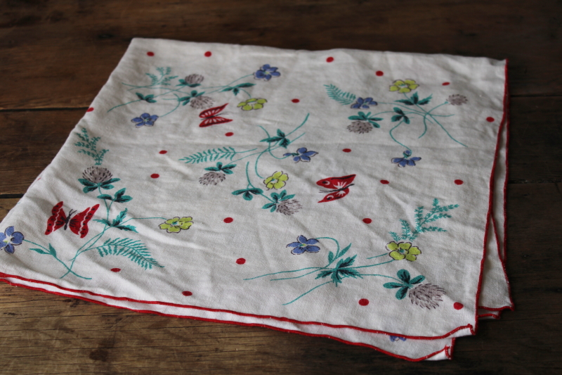 photo of vintage pure linen tablecloth, small kitchen table cloth flowers print clovers buttercups #6