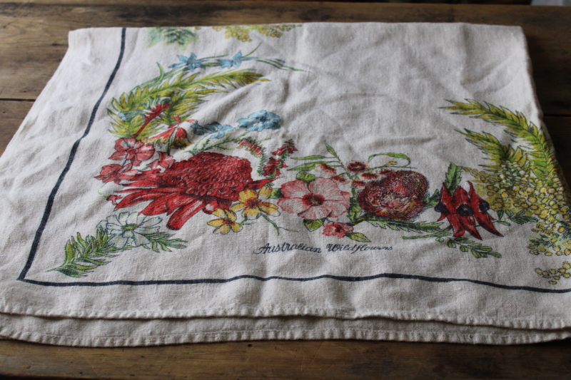 photo of vintage pure linen tablecloth soft washed texture, flowers of Australia botanical print #1