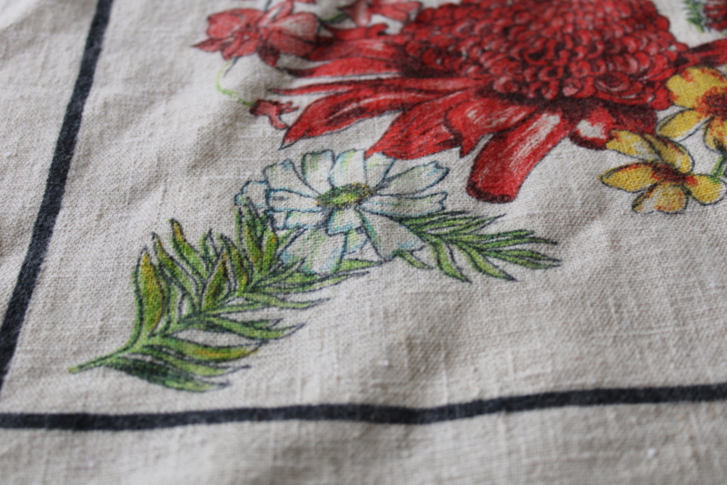 photo of vintage pure linen tablecloth soft washed texture, flowers of Australia botanical print  #3