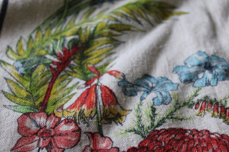 photo of vintage pure linen tablecloth soft washed texture, flowers of Australia botanical print  #4