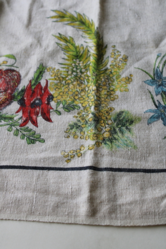photo of vintage pure linen tablecloth soft washed texture, flowers of Australia botanical print  #5
