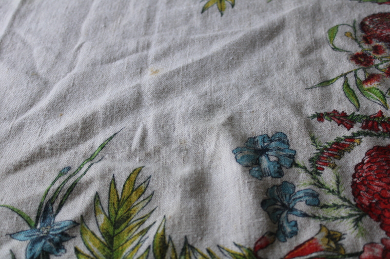 photo of vintage pure linen tablecloth soft washed texture, flowers of Australia botanical print  #6