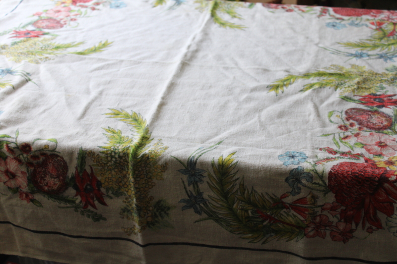 photo of vintage pure linen tablecloth soft washed texture, flowers of Australia botanical print  #7