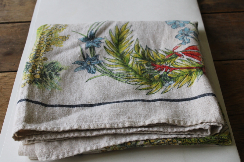 photo of vintage pure linen tablecloth soft washed texture, flowers of Australia botanical print  #8