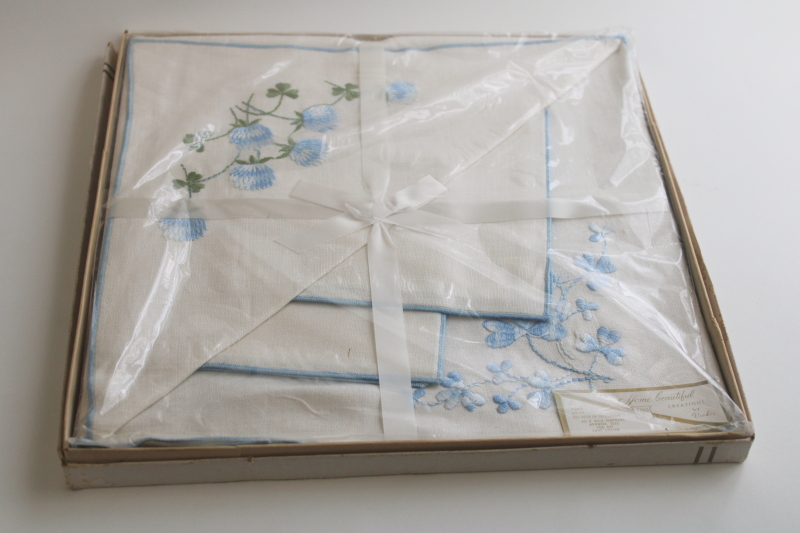 photo of vintage pure linen tea napkins with embroidery, new in box unused table linens set  #1