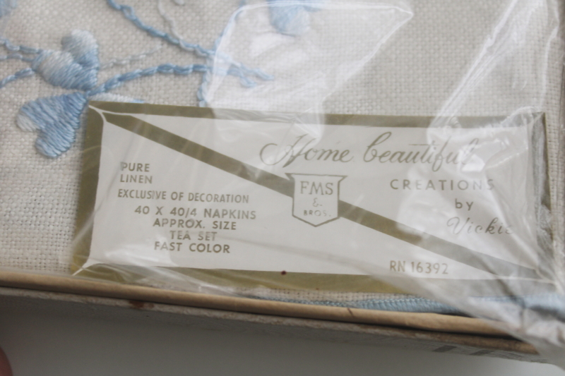 photo of vintage pure linen tea napkins with embroidery, new in box unused table linens set  #3