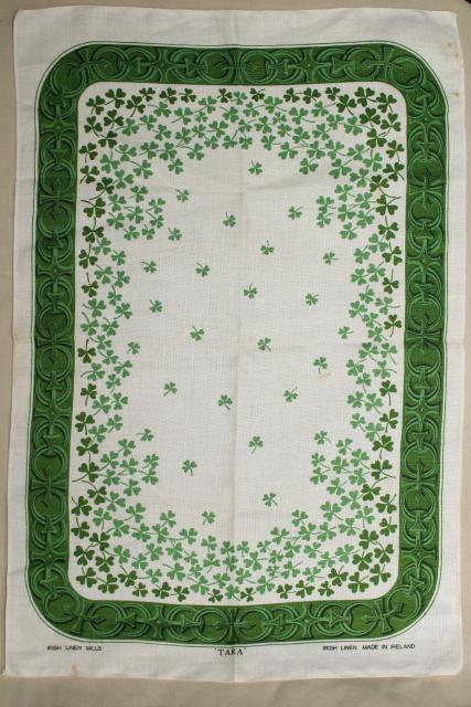 photo of vintage pure linen tea towel, Irish shamrock clover print souvenir of Ireland #1