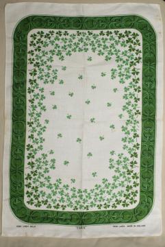 catalog photo of vintage pure linen tea towel, Irish shamrock clover print souvenir of Ireland