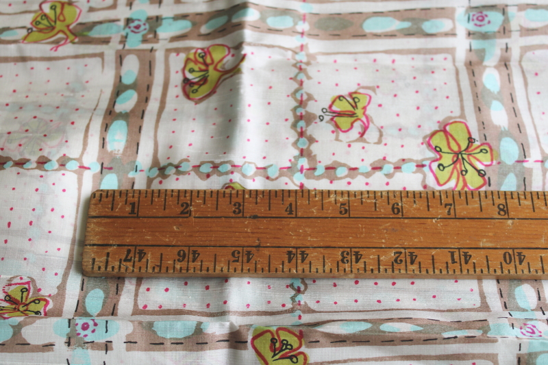 photo of vintage pure silk fabric, mod floral in chartreuse, aqua, flamingo pink, cool brown, ivory  #3