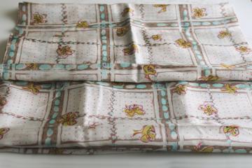 catalog photo of vintage pure silk fabric, mod floral in chartreuse, aqua, flamingo pink, cool brown, ivory 