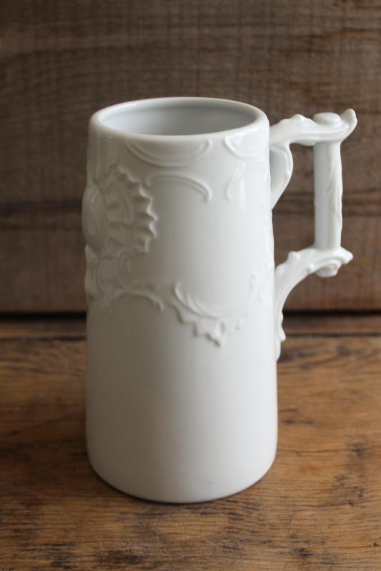 photo of vintage pure white china beer stein or vase, embossed ironstone Victorian style #1