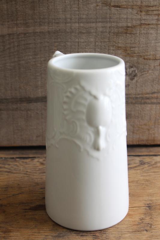 photo of vintage pure white china beer stein or vase, embossed ironstone Victorian style #2