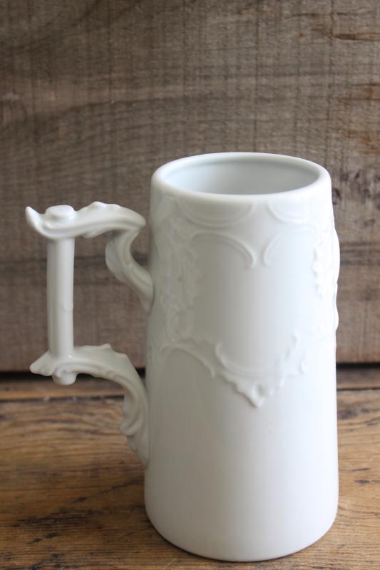 photo of vintage pure white china beer stein or vase, embossed ironstone Victorian style #3