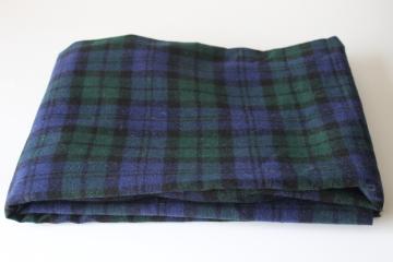 vintage pure wool fabric black watch tartan plaid blue & green w/ black 