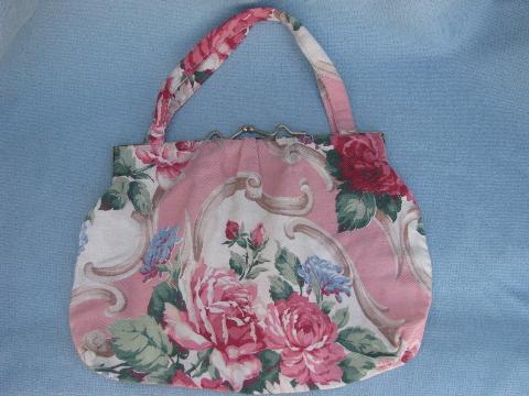 photo of vintage purse or needlework bag, old roses floral print barkcloth fabric #1