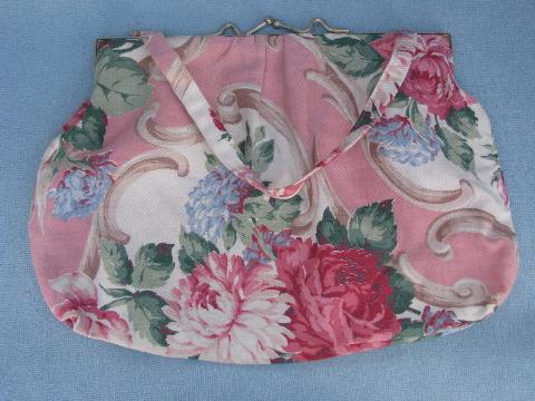 photo of vintage purse or needlework bag, old roses floral print barkcloth fabric #2