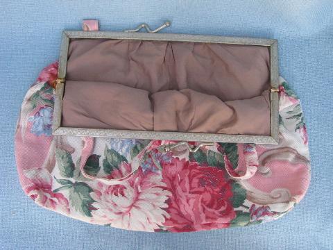 photo of vintage purse or needlework bag, old roses floral print barkcloth fabric #3