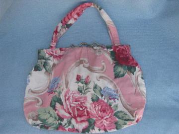 catalog photo of vintage purse or needlework bag, old roses floral print barkcloth fabric