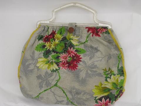 photo of vintage purse or needlework bag, old roses floral print barkcloth fabric #1