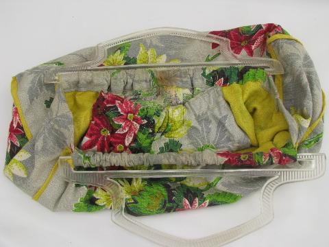 photo of vintage purse or needlework bag, old roses floral print barkcloth fabric #2