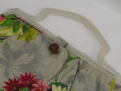 photo of vintage purse or needlework bag, old roses floral print barkcloth fabric #3