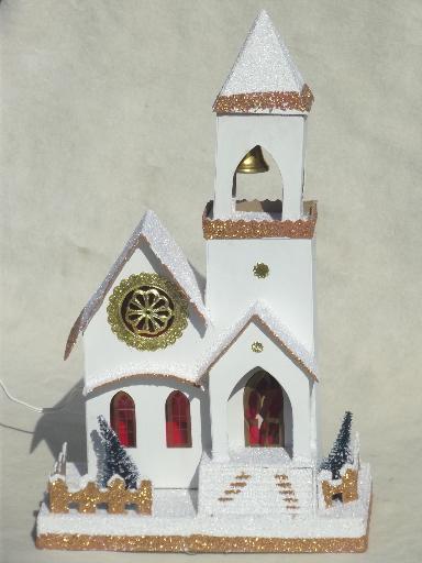 photo of vintage putz scene Christmas church music box w/ electric candle light #1