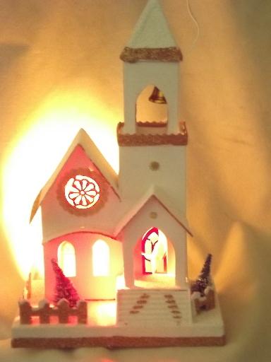 photo of vintage putz scene Christmas church music box w/ electric candle light #2