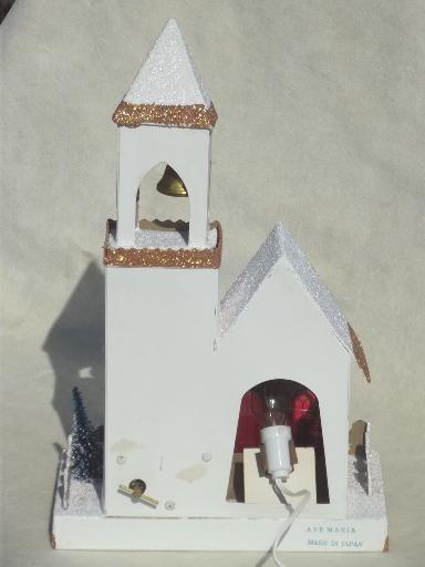 photo of vintage putz scene Christmas church music box w/ electric candle light #5