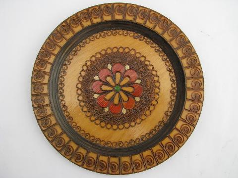 photo of vintage pyrography folk art wood plates, tinted woodburning design #2