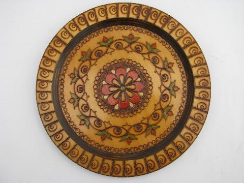 photo of vintage pyrography folk art wood plates, tinted woodburning design #3