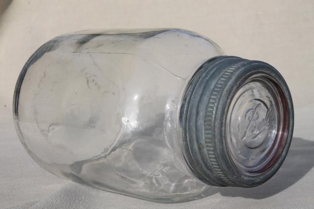 photo of vintage quart glass fruit jar w/ old zinc lid, Ball embossed glass insert #1