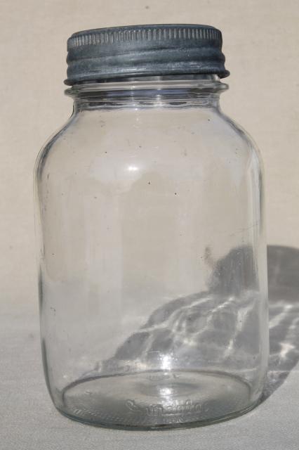 photo of vintage quart glass fruit jar w/ old zinc lid, Ball embossed glass insert #2