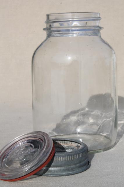 photo of vintage quart glass fruit jar w/ old zinc lid, Ball embossed glass insert #3