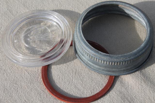 photo of vintage quart glass fruit jar w/ old zinc lid, Ball embossed glass insert #7