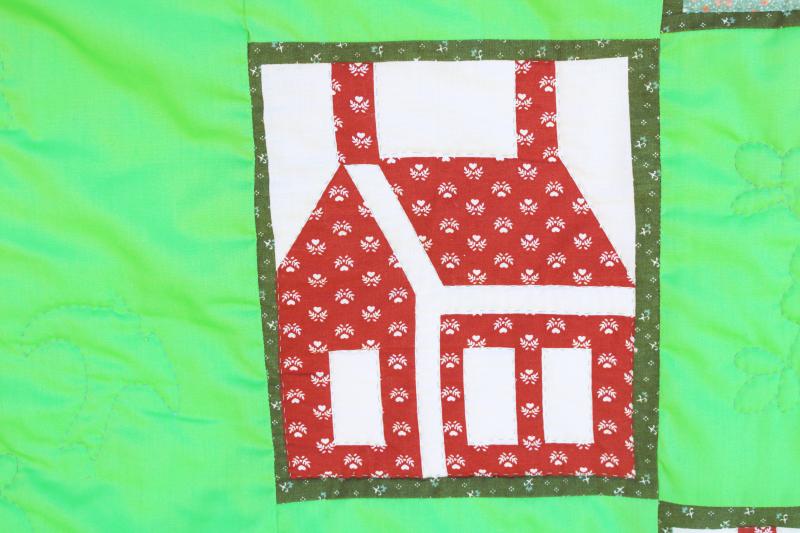 photo of vintage queen king quilt, cottage cabin patchwork blocks, little house on the prairie style #2