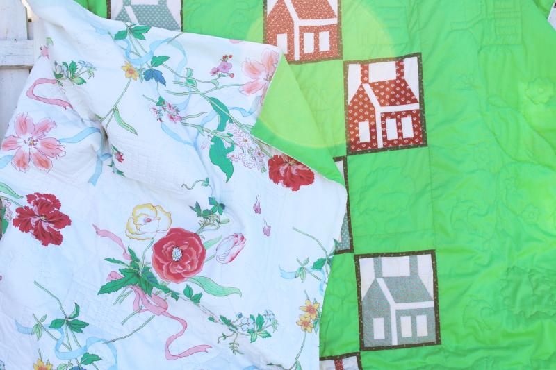 photo of vintage queen king quilt, cottage cabin patchwork blocks, little house on the prairie style #4