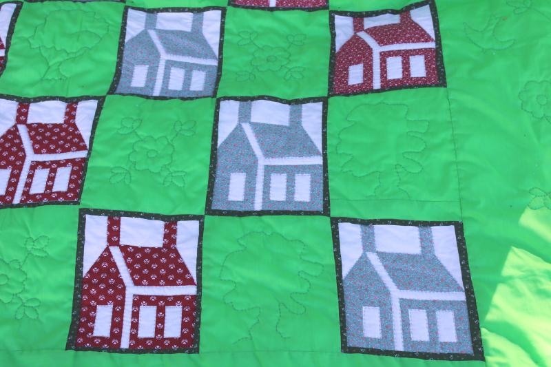 photo of vintage queen king quilt, cottage cabin patchwork blocks, little house on the prairie style #8