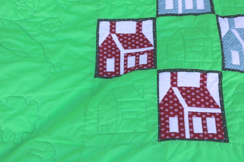 photo of vintage queen king quilt, cottage cabin patchwork blocks, little house on the prairie style #9