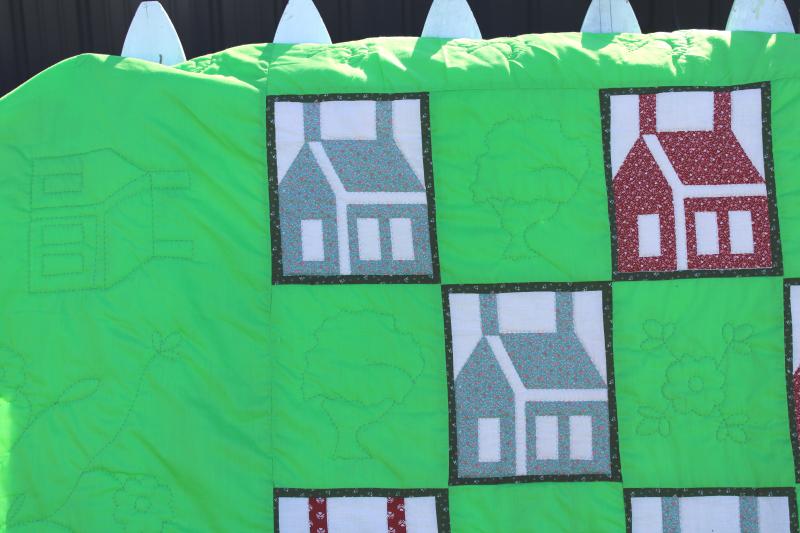 photo of vintage queen king quilt, cottage cabin patchwork blocks, little house on the prairie style #10