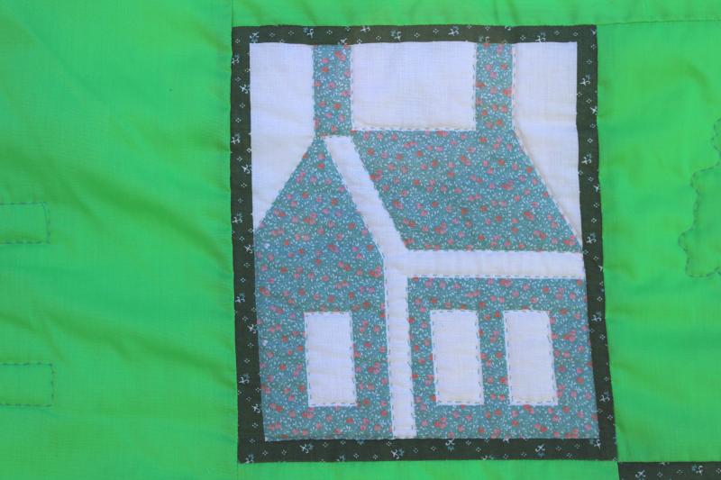 photo of vintage queen king quilt, cottage cabin patchwork blocks, little house on the prairie style #14